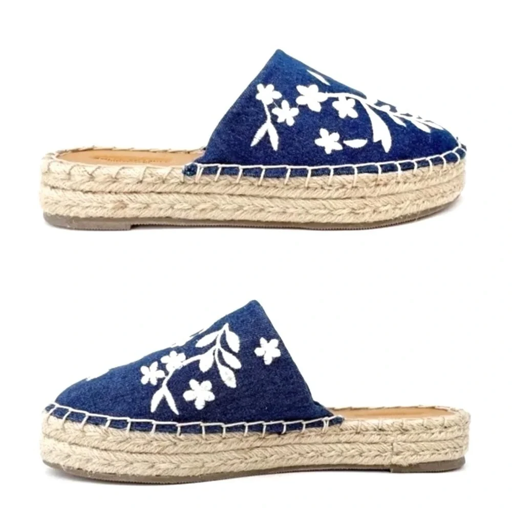 American Eagle Shoes Espadrilles Mules Embroidered Denim Blue White Size 9 New